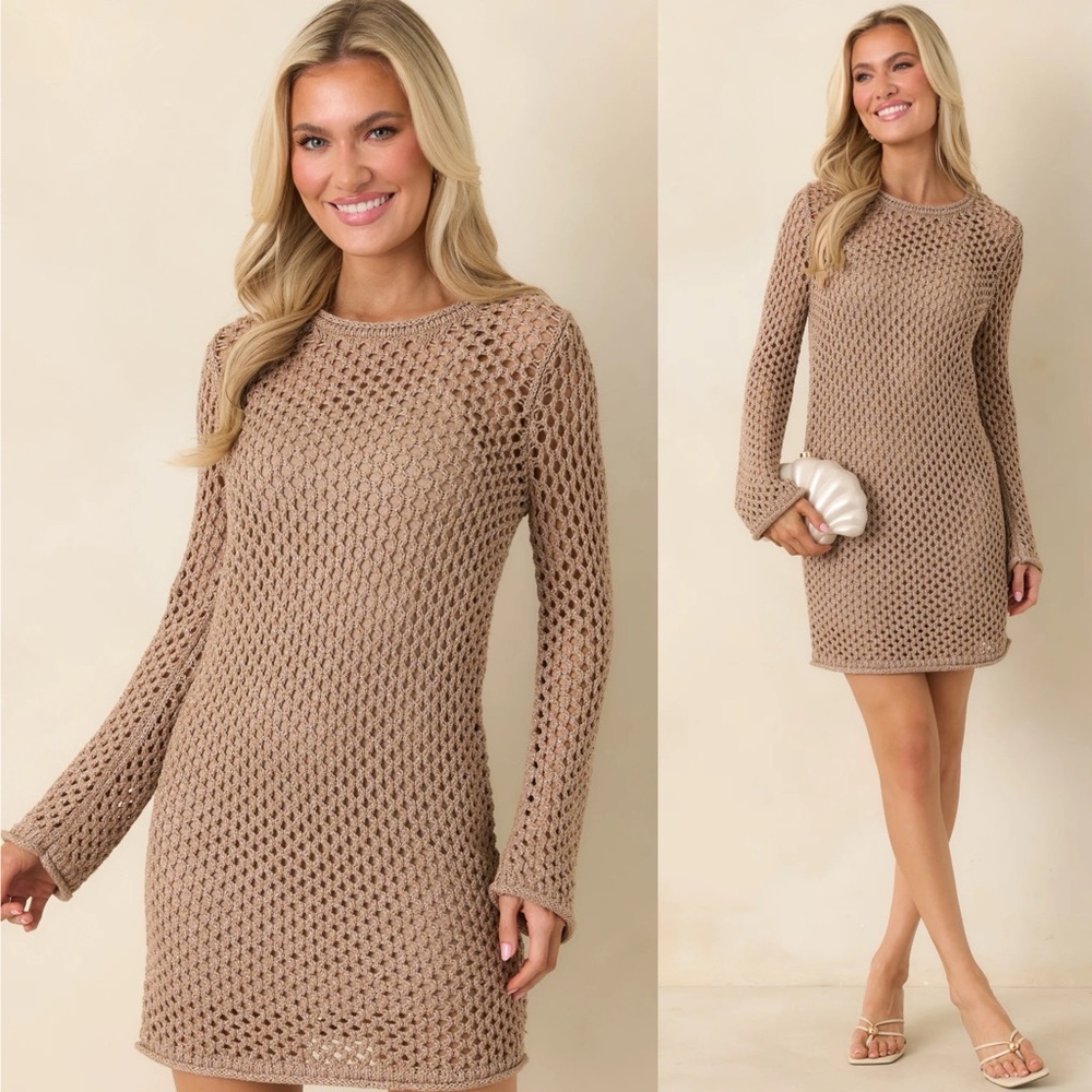 Z SUPPLY MOCHA BROWN CALABRIA SHIMMER CROCHET MINI DRESS